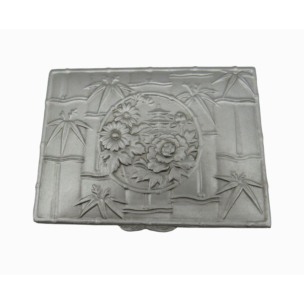 METAL Trinket Box BAMBOO And Floral Designs Hinged Lid Japan Vintage 5 Inches